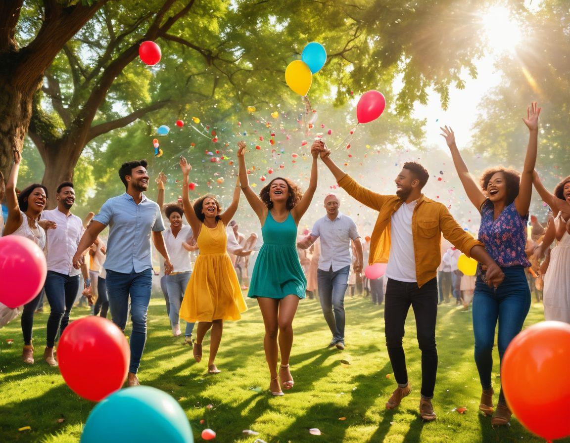 A vibrant scene depicting a diverse group of people enjoying life joyfully, surrounded by colorful balloons and confetti. The background features a sunny park with lush greenery and blooming flowers, creating an atmosphere of celebration and positivity. Show smiling faces, dancing, and laughter to encapsulate the essence of euphoria in daily life. super-realistic. vibrant colors. sunny background.