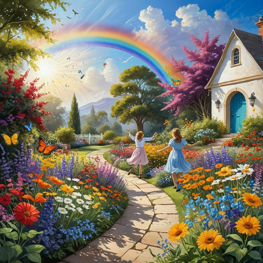A whimsical scene depicting a vibrant garden filled with colorful flowers, smiling sun, and joyous people engaging in fun activities like painting and dancing. Include elements like butterflies and a rainbow in the background to symbolize happiness and elation. Utilize bright, cheerful colors to evoke a sense of joy. surrealistic. vibrant colors. white background.