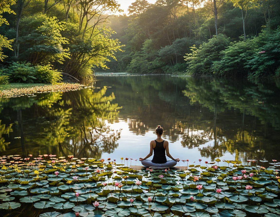 A serene landscape featuring a tranquil sunrise over a calm lake, with a person practicing yoga on the shore, surrounded by blossoming flowers and lush greenery. Soft light filters through the trees, creating a peaceful atmosphere. Incorporate elements of mindfulness like floating lotus flowers and gentle ripples in the water. super-realistic. vibrant colors. peaceful ambiance.